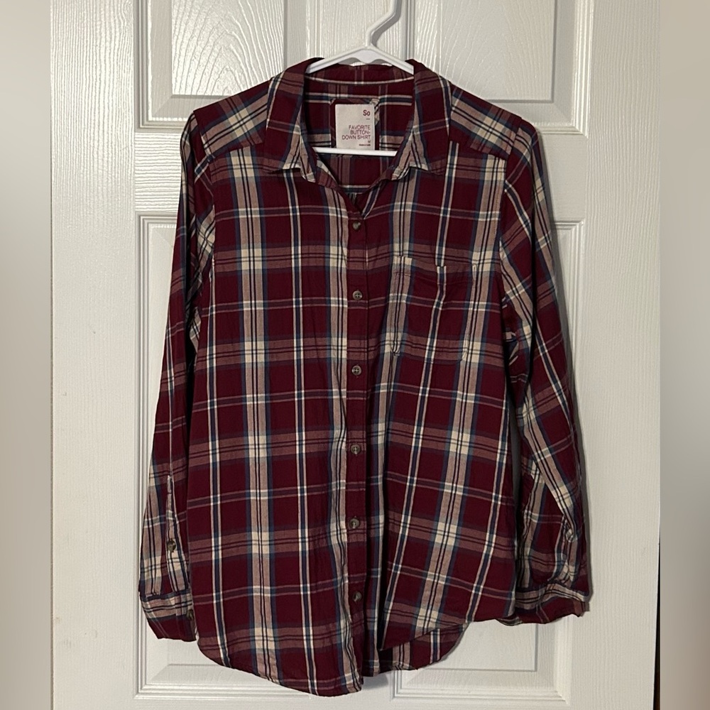 SO Red and Blue Plaid‎ Flannel Button-Down Shirt